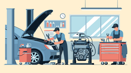 Flat style car repair workshop with mechanics working on vehicle maintenance and engine parts