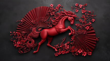 Decorative Red Horse Sculpture with Fans and Floral Arrangement