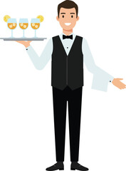 Professional Waiter Serving Refreshing Cocktails on a Tray Illustration