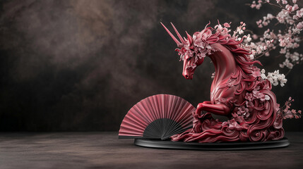 Decorative Red Horse Sculpture with Fans and Floral Arrangement