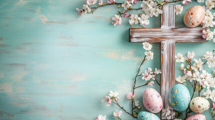 Religious Easter Concept Featuring Cross, Eggs, and Blossoms
