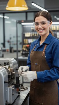 Smiling female locksmith working on key cutting machine in workshop. Vertical portrait of professional craftswoman in safety glasses and uniform at her job.