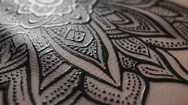 Close Up Of Intricate Monochrome Leaf Pattern On Fabric Texture.