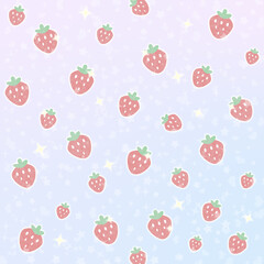 ゆめかわストロベリーのパステルグラデーション_デザインペーパー（ブルー）ー ラベンダー〜ブルーのグラデーションに、ハートと星がきらめくいちごモチーフ。デザインペーパー、シール帳の表紙、マスキングシールブックタイプ、フレークシール、ハンカチ、ミニタオルに最適。推し活グッズにも。