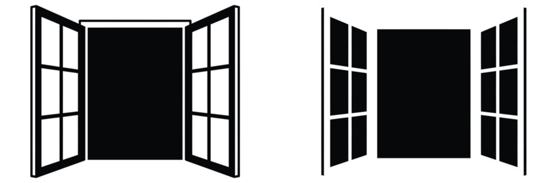 Open windows with black backgrounds and white frames side by side,Open window vector icon. Open window vector design,open window icon set isolated on white background