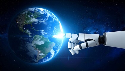 Fototapeta premium A robotic hand extends towards a vibrant planet Earth, with light emanating from their point of contact. Deep space forms the backdrop