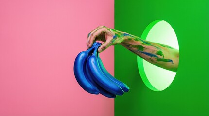 Creative painted arm holding blue bananas on split pink and green wall