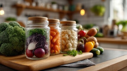 Modern kitchen counter with fresh vegetables and zero waste glass jars, blurred background, sustainable living and healthy food concept, bright lighting 