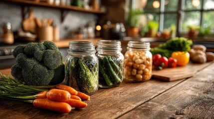Modern kitchen counter with fresh vegetables and zero waste glass jars, blurred background, sustainable living and healthy food concept, bright lighting 