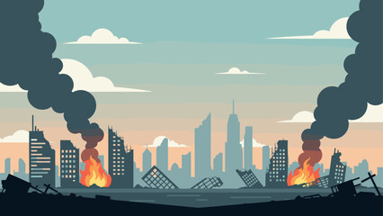 Naklejka premium Urban apocalypse scene with burning skyscrapers and smoke