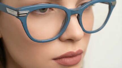 Close up of young woman wearing blue vintage eyeglasses with thick frames