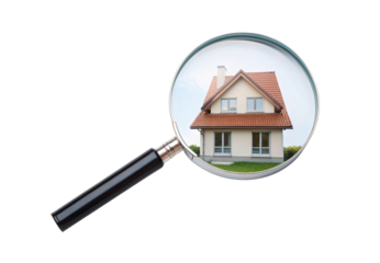 Residential property examined under magnifying glass for home inspection, isolated on a transparent background