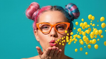 Woman blowing kiss with yellow balloons flying from hand on blue background