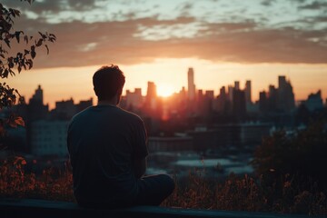 City skyline at sunset viewed by a contemplative person sitting quietly outdoors