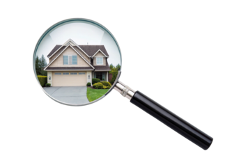 Suburban house with garage magnified through lens for evaluation, isolated on a transparent background