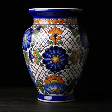 large, colorful Mexican Talavera ceramic vase with vibrant hand-painted floral cobalt blue and orange patterns, placed on a dark wooden surface, pitch black background, studio lighting, 