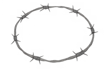 Barbed wire circle creating a sharp metal border or frame, symbolizing security, restriction, and danger, transparent background