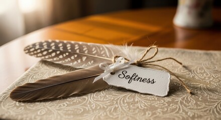 A delicate tag with the word Softness written on it, tied with twine and a ribbon, resting beside a feather on textured linen
