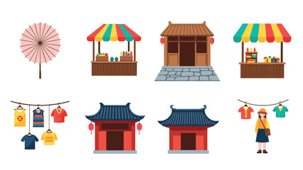 Asian market elements: stalls, umbrella, traditional architecture, hanging clothes