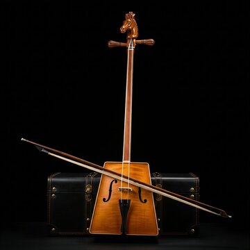 full view of a Mongolian Morin Khuur with a carved horse head scroll, resting against a dark leather trunk, realistic wood and string textures, black background, 