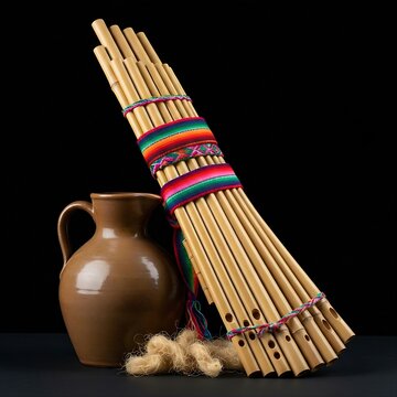 set of Peruvian bamboo panpipes (Siku) tied with colorful woven textile, leaning against a rustic ceramic jug, realistic wood and fiber textures, black background, 