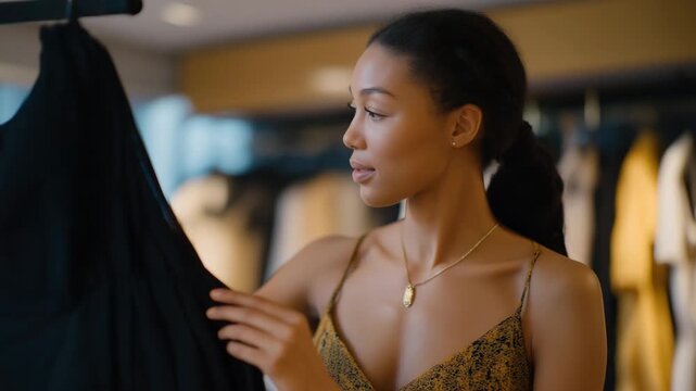 A person adjusting the hem of a dress while FaceTiming a friend for instant style advice, warm fitting room lighting enhancing fabric texture and movement. cinematic color correction, natural
