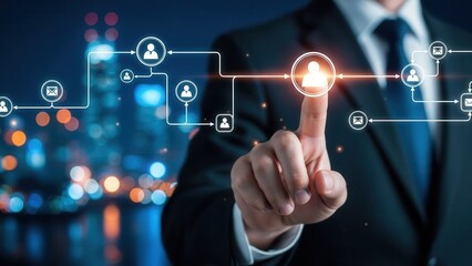 Businessman interacting with digital network interface in a city at night technology