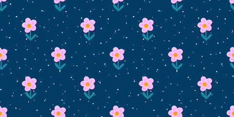 Seamless floral pattern with cute flowers, leaves, and a clean geometric rhythm. Designed for textile prints, wrapping paper, and modern Scandinavian-style interiors