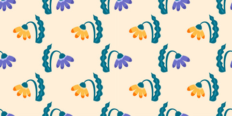 Seamless Nordic floral pattern with cute blossoms, leaves, and a clean geometric rhythm. Designed for textiles, wallpaper, and modern interior prints