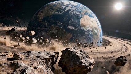 Dramatic view of the Earth surrounded by a debris ring and asteroids in space