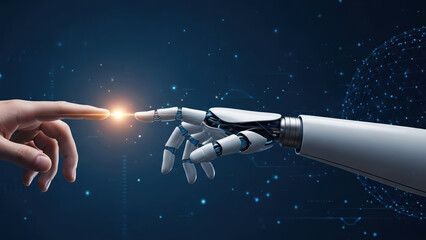 Datum intelligence touching artificial futuristic ai machine hand learning network human robot connection background connect to big technology innovation science glow finger futuristic ai datum