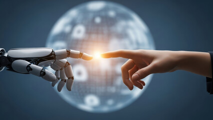 Datum intelligence touching artificial futuristic ai machine hand learning network human robot connection background connect to big technology innovation science glow