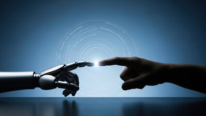 Datum intelligence touching artificial futuristic ai machine hand learning network human robot connection background connect to big technology innovation science