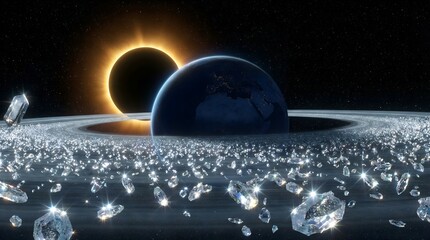 A captivating planetary eclipse illuminates a distant world, encircled by a magnificent, sparkling ring of crystal shards in the vastness of space
