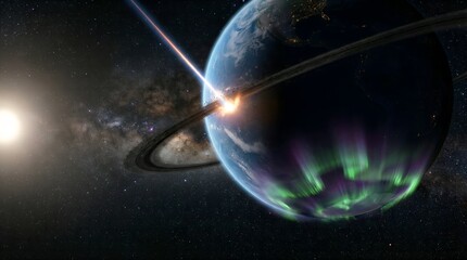 Spectacular cosmic event shows a planet with rings experiencing a solar flare and auroras