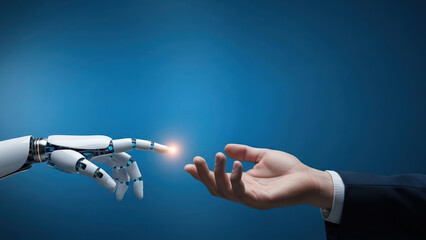 Artificial intelligence human hand touching robot hand network connection background futuristic innovation technology to science machine datum learning big connect