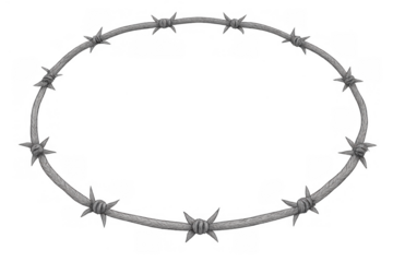 Barbed wire oval frame creating a border, representing security, restriction, prison, or defense concepts, on transparent background