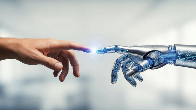 Artificial intelligence machine learning human hand touching robot hand connection to science datum network background technology innovation futuristic ai big data connect concept - Powered by Adobe