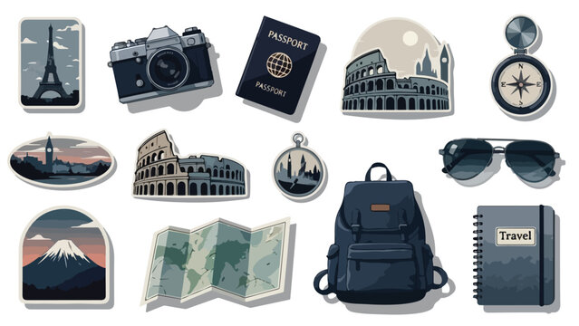 A collection of travel related items and landmarks on a white background