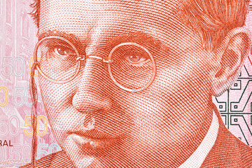 Abraham Valdelomar Pinto a closeup portrait from Peruvian money