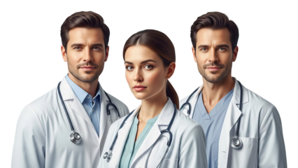 Three medical professionals in white coats and stethoscopes on black background isolated on white transparent png background download