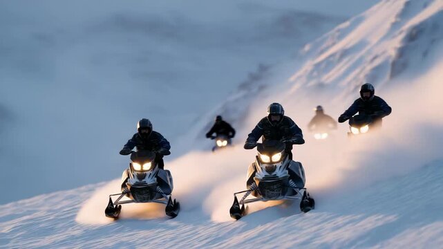 A team of snowmobile patrol officers racing over windswept ridges, headlights piercing through drifting snow as they respond to a remote emergency call &mdash; rapid-response mobility, winter rescue