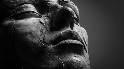 The intense and soulful expression of a face in sculpture heightened by the starkness of black and white. Black and white art