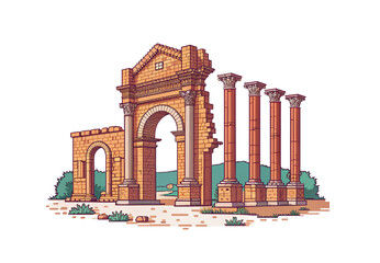 Fototapeta premium Illustrated ancient gateway with ornate arches and four standing decorative columns, isolated on a transparent background