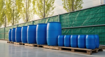 Obraz premium Blue plastic barrels arranged in a row on wooden pallets for industrial storage and processing