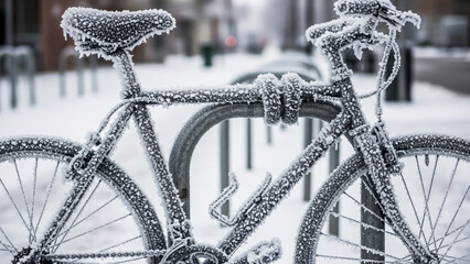 Frozen Bicycle on Rack in snowy urban environment for winter travel blogs, outdoor activity websites, cycling awareness campaigns, and seasonal lifestyle content