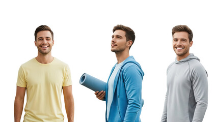 Three men in different colored hoodies and t-shirt standing against black background isolated on white transparent png background download