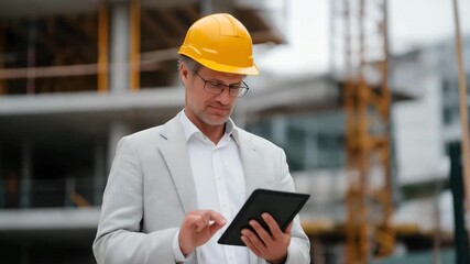 An architect verifying structural calculations on a tablet while walking through a half-built site, AR overlays comparing blueprints to real-world progress — construction accuracy, digital twin - Powered by Adobe