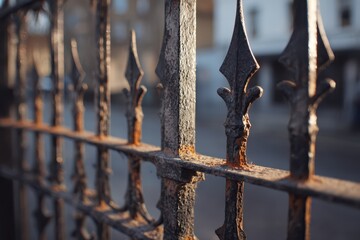 Close-up of a weathered metal gate with decorative bars and rust texture