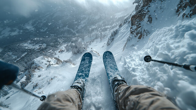 First person view of skier descending steep snowy mountain slope, extreme freeride, speed, adrenaline, winter action adventure.